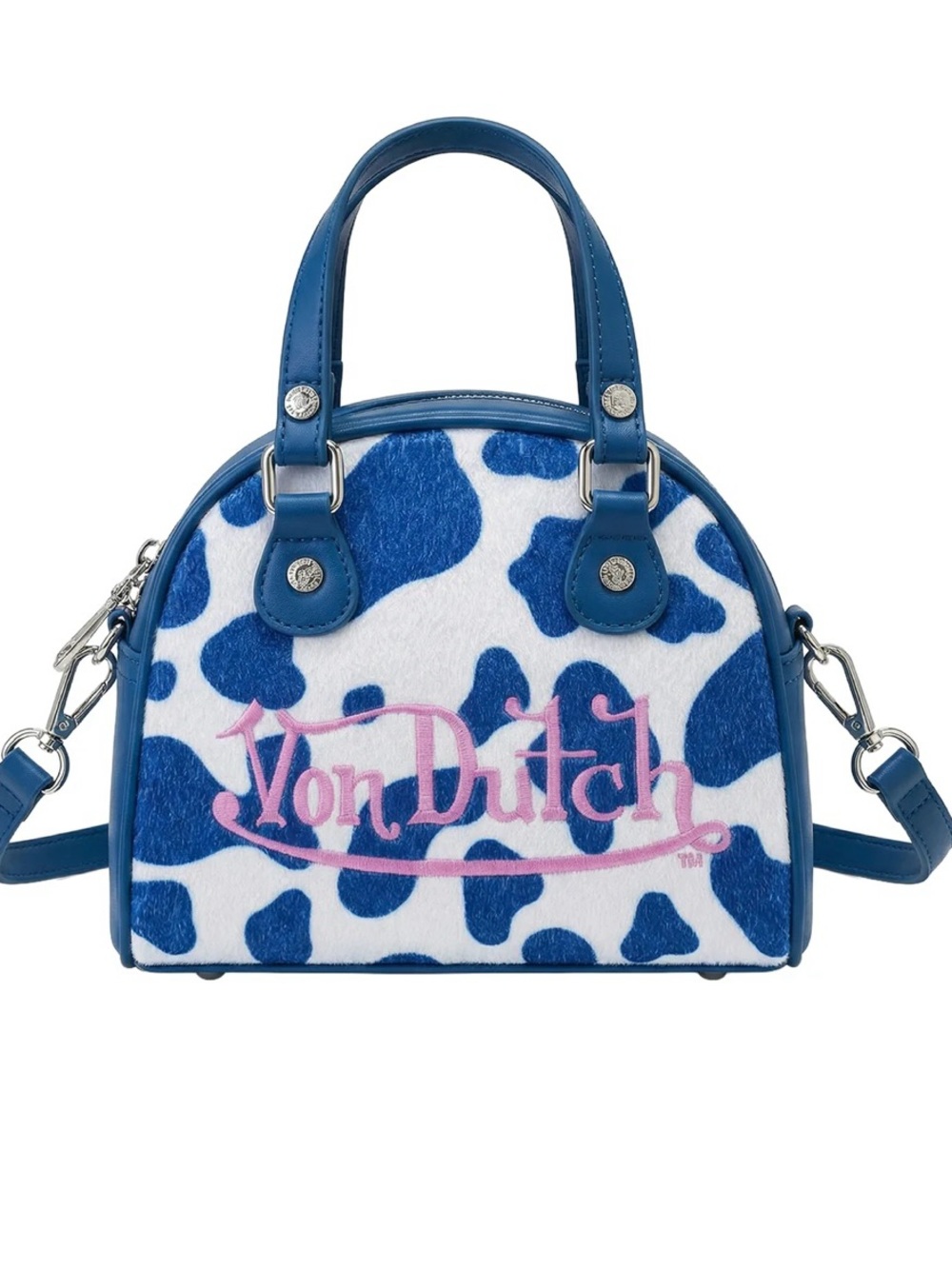 Von Dutch Blue & White Cowprint Mini Dome Bag with Pink Logo